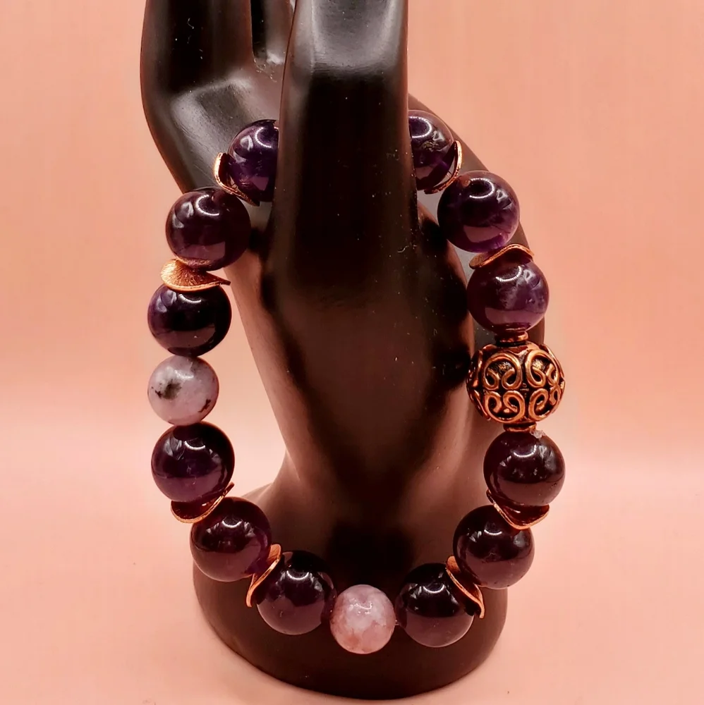 Amethyst, Lepidolite and Copper Beaded Bracelet - Picture 2 of 6
